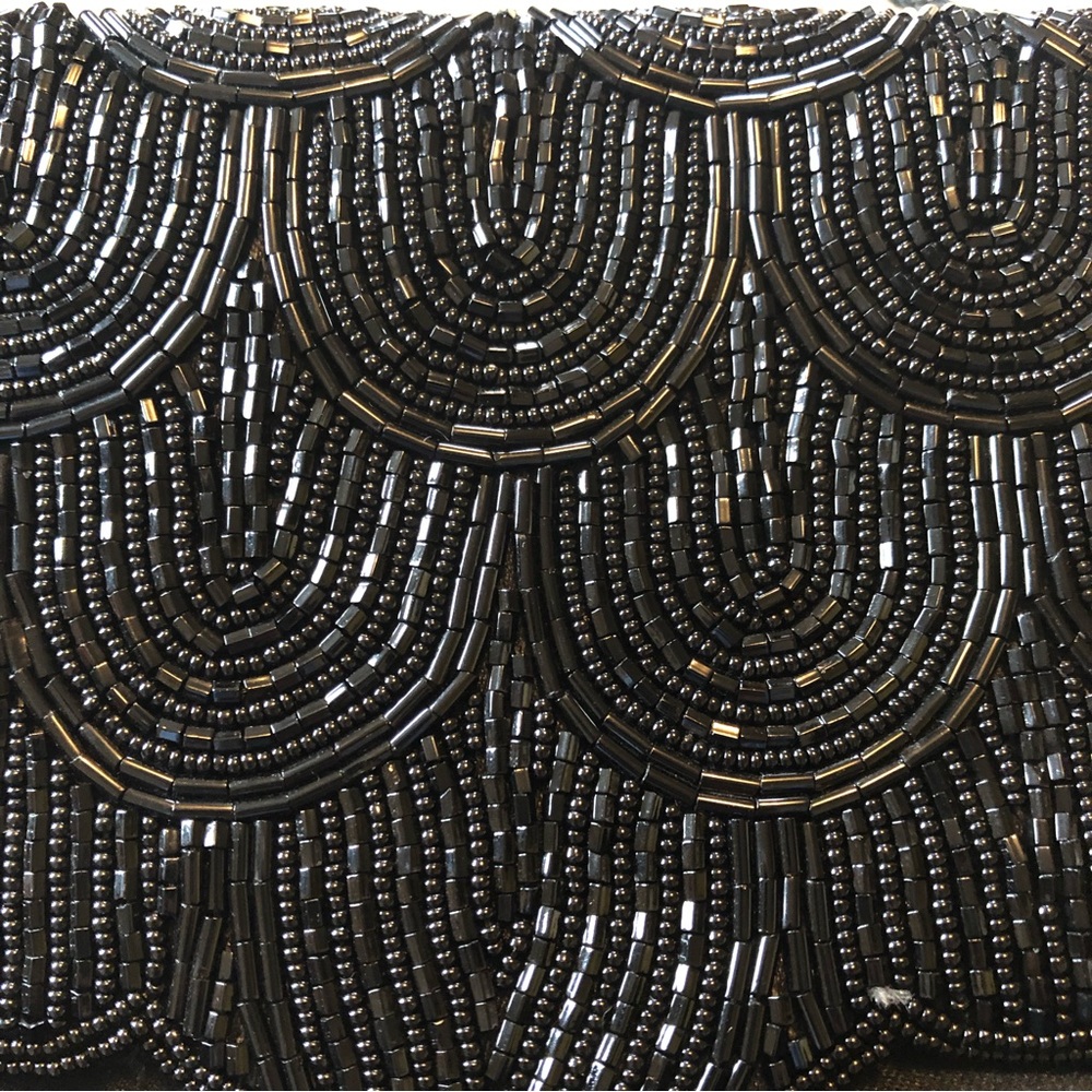 Venizia Black Beaded Art Deco style satin bag w/inside pocket and rope strap - Picture 3 of 7